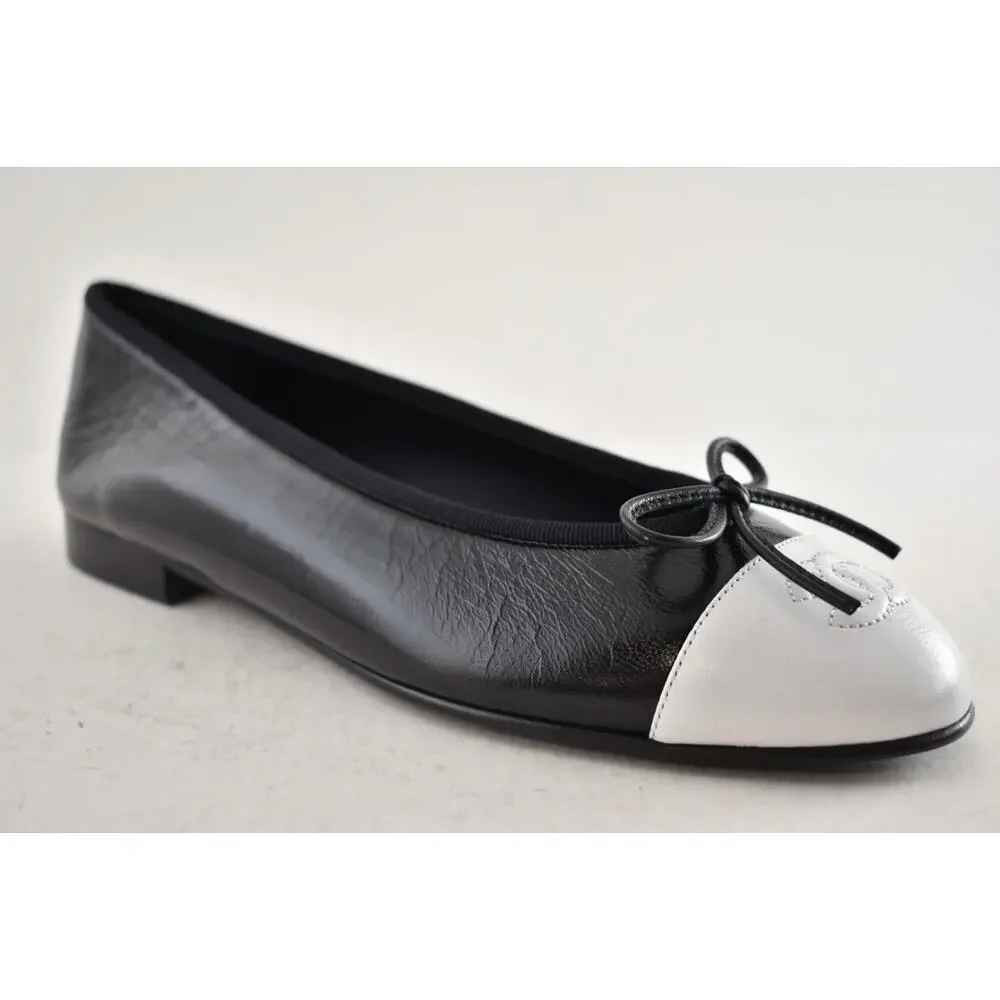 Chanel 26S Black White Crumpled Shiny Lambskin CC Bow Ballet Ballerina Flat 39.5 - Picture 5 of 16